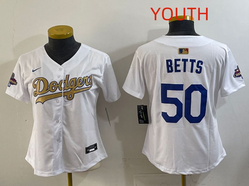 Youth Los Angeles Dodgers 50 Betts White Champion edition Nike MLB Jersey style 001